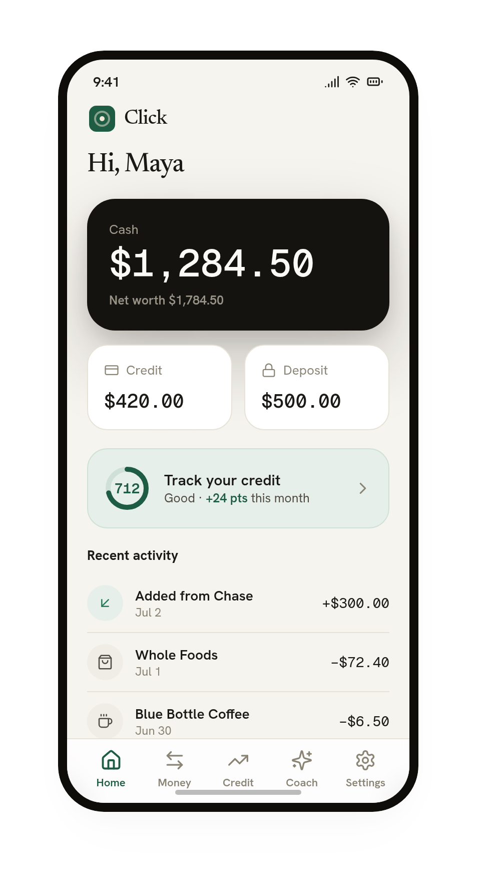 Click app — home dashboard with cash, credit and deposit accounts
